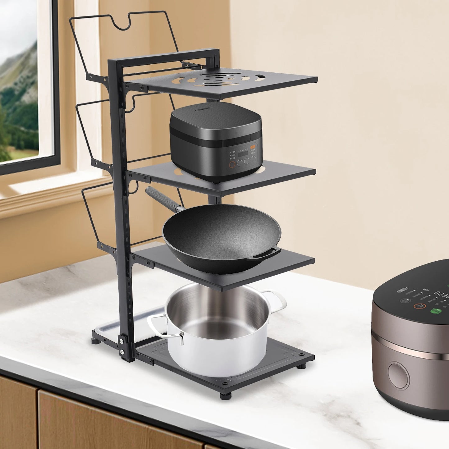 4-Tier Pot Organizer 22.05lbs per Tier Carbon Steel Pot Pan Lid Organizer 14.578.920.87in Kitchen Storage Grey/Black Adjustable