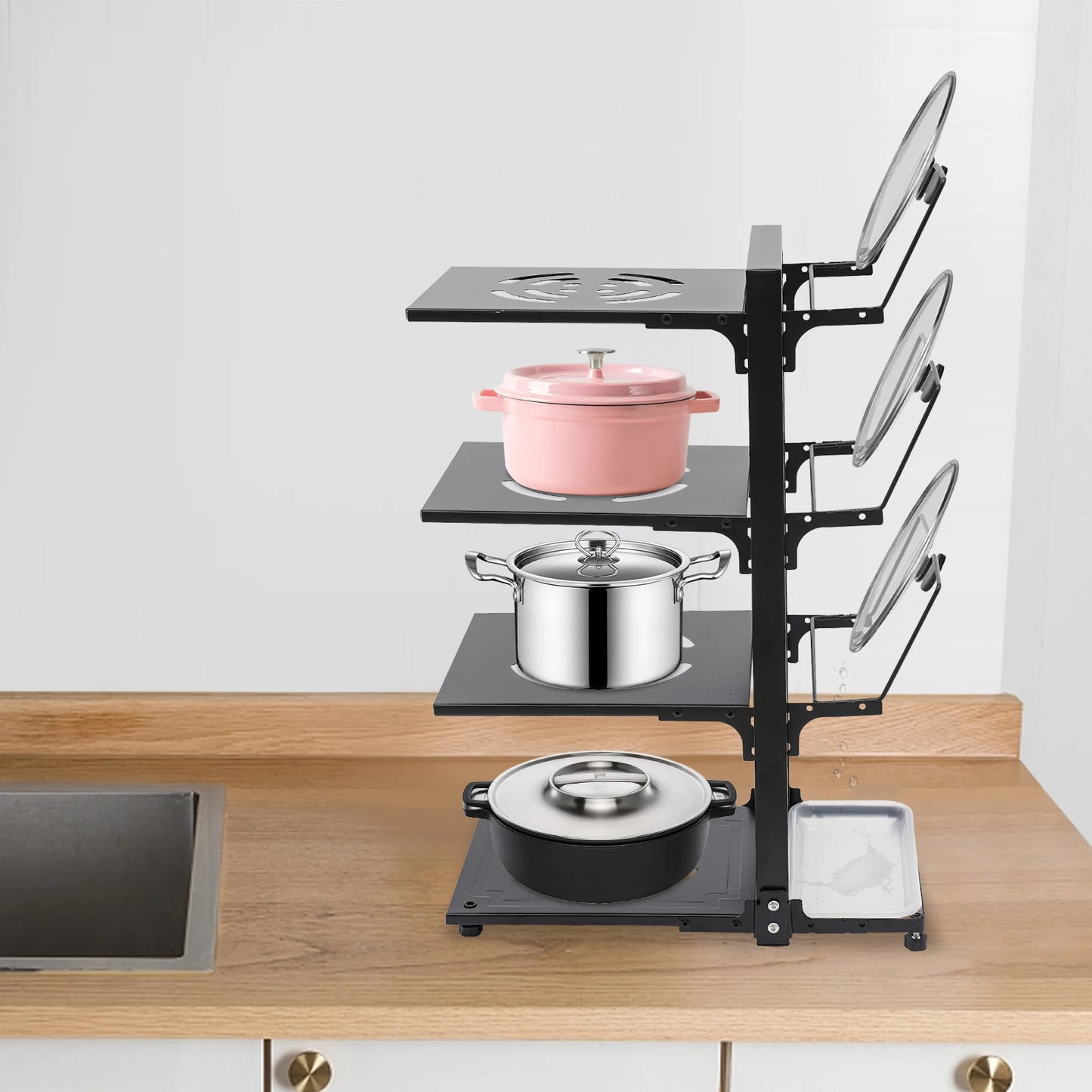 4-Tier Pot Organizer 22.05lbs per Tier Carbon Steel Pot Pan Lid Organizer 14.578.920.87in Kitchen Storage Grey/Black Adjustable