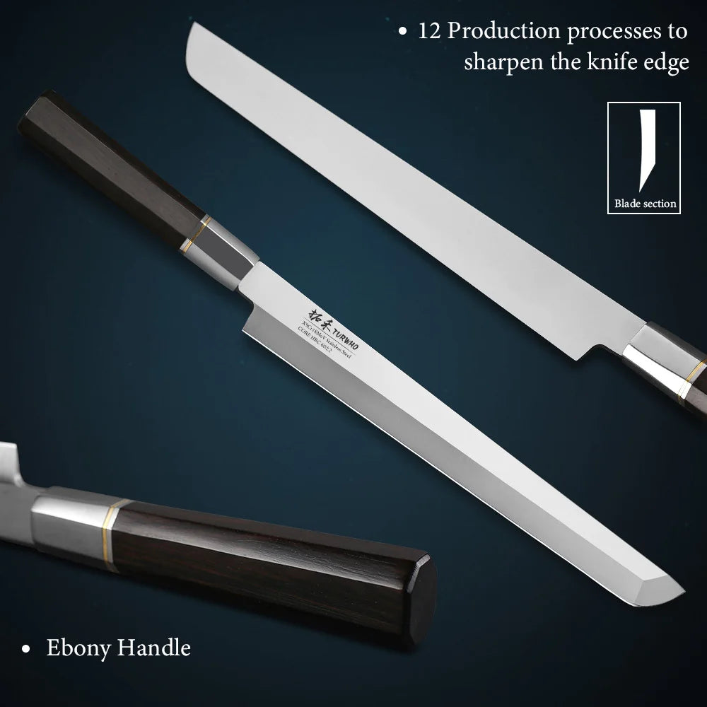 TURWHO 270mm Filleting Knife X9Cr18MoV High Carbon Steel Kitchen Knives Japanese Sashimi Sushi Salmon Knife with Ebony Handle