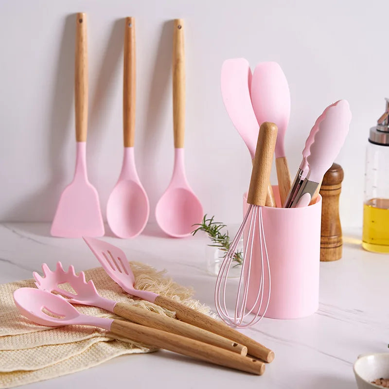 Silicone Kitchenware with Wooden Handle12Multifunctional Cooking Spoon Spatula Soup Spoon Nordic Kitchen Utensil Set with Storag