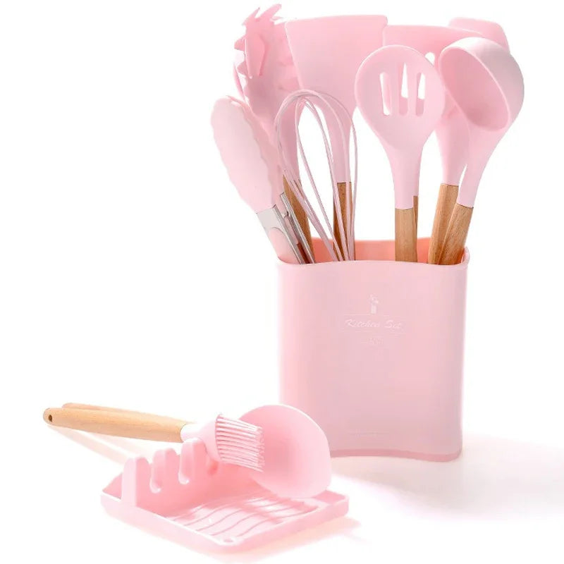 13Pcs Silicone Cooking Utensils Kitchenware Non-stick Cookware Spatula Egg Beaters Shovel Wooden Handle Kitchen Tool Accessories