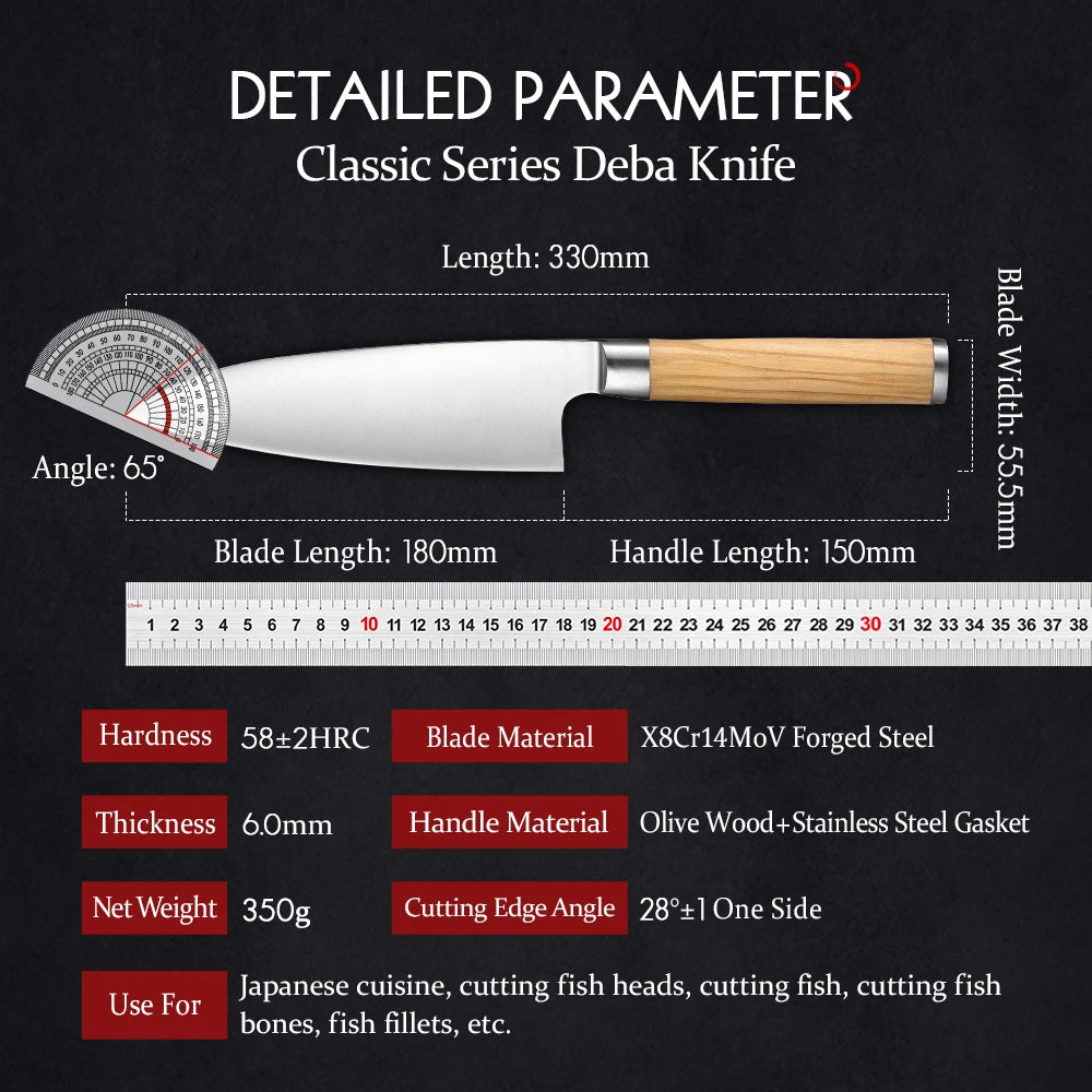 HEZHEN 180mm Deba Knife X9Cr18MoV Stainless Steel Cuisine Carving Tuna Salmon Sushi Sashimi Knife Kitchen Knives Cutting Tool