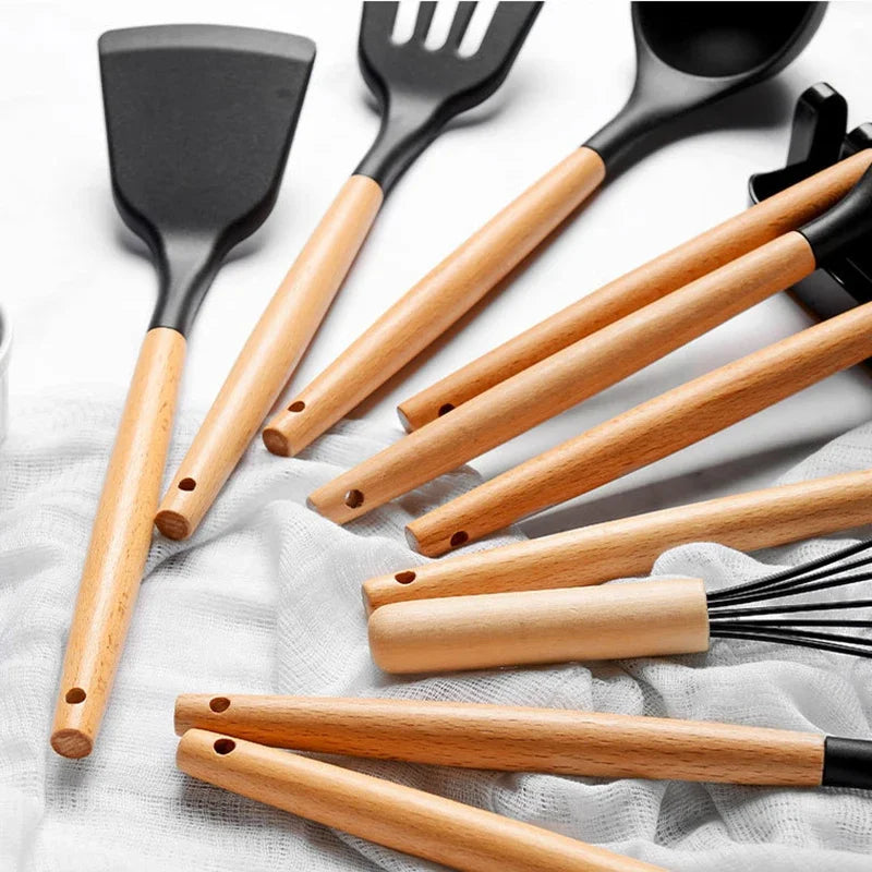 13Pcs Silicone Cooking Utensils Kitchenware Non-stick Cookware Spatula Egg Beaters Shovel Wooden Handle Kitchen Tool Accessories