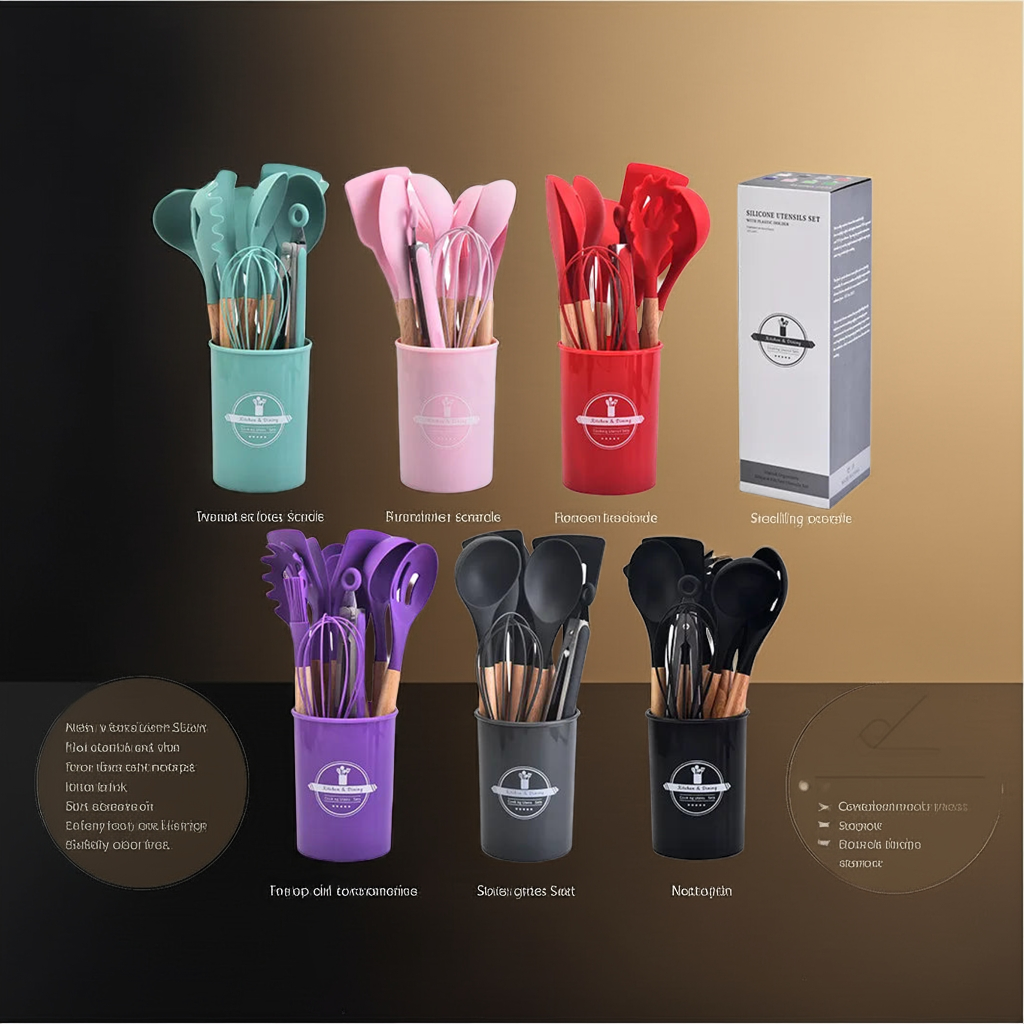 12Pcs Silicone Kitchen Utensils Cooking Wooden Handle Non Stick Pot Kitchenware Set Storage Bucket Silicone Kitchen Utensils