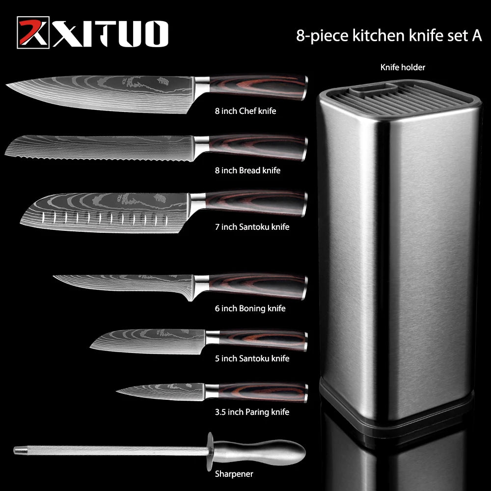 Kitchen Knife 8PCS Set With Knife Holder  Sharpening Stick, Stainless Steel Chef Knife Slicing Knife Sharp Cut Vegetables Meat