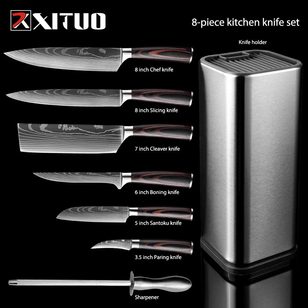 Kitchen Knife 8PCS Set With Knife Holder  Sharpening Stick, Stainless Steel Chef Knife Slicing Knife Sharp Cut Vegetables Meat