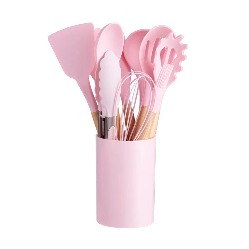 Silicone Kitchenware with Wooden Handle12Multifunctional Cooking Spoon Spatula Soup Spoon Nordic Kitchen Utensil Set with Storag