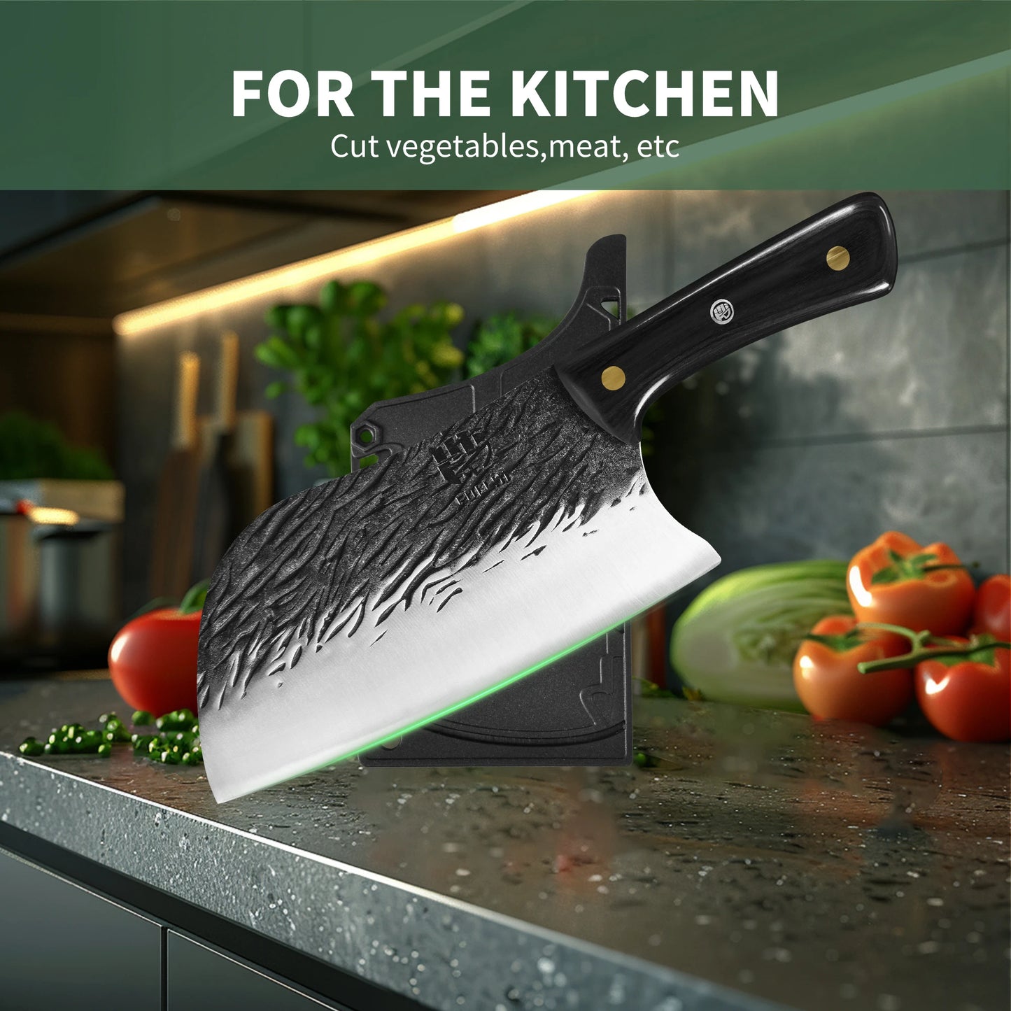 Full Tang Meat Cleaver with Forged High Carbon Steel Blade, Ergonomic Multi-color Handle Kitchen Knfie with Sheath for Cooking