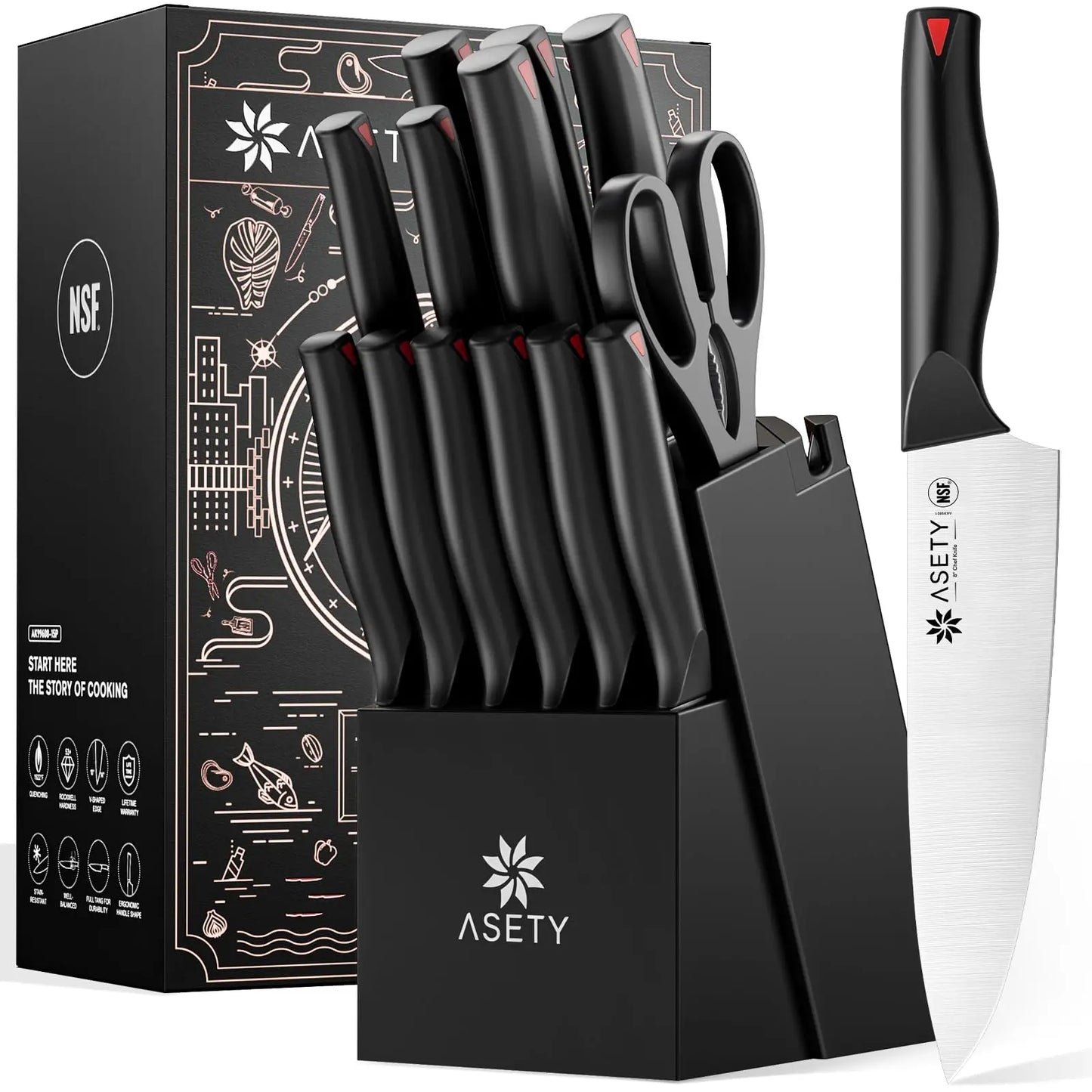 15 PCS Kitchen knife Set with Bulti-in Sharpener Block - Stainless Steel Knife Block Set - Dishwasher Safe Knives Sets