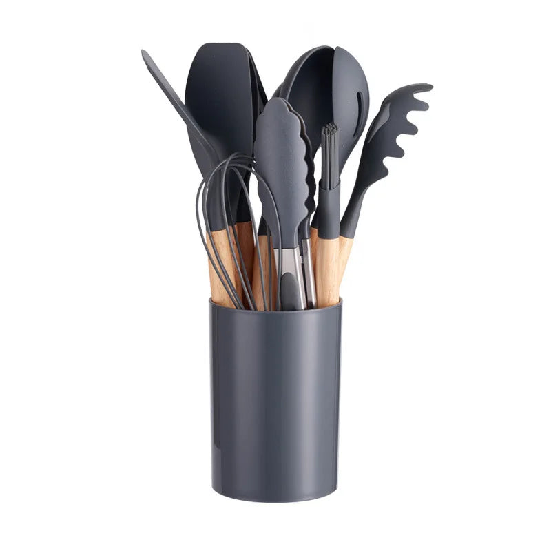 Silicone Kitchenware with Wooden Handle12Multifunctional Cooking Spoon Spatula Soup Spoon Nordic Kitchen Utensil Set with Storag