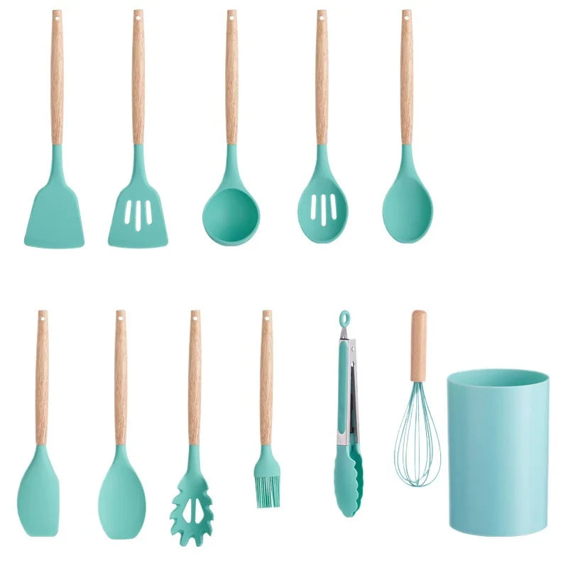 Silicone Kitchenware with Wooden Handle12Multifunctional Cooking Spoon Spatula Soup Spoon Nordic Kitchen Utensil Set with Storag