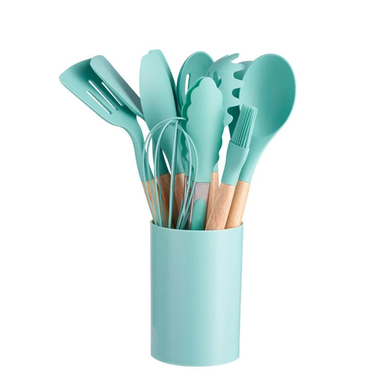 Silicone Kitchenware with Wooden Handle12Multifunctional Cooking Spoon Spatula Soup Spoon Nordic Kitchen Utensil Set with Storag