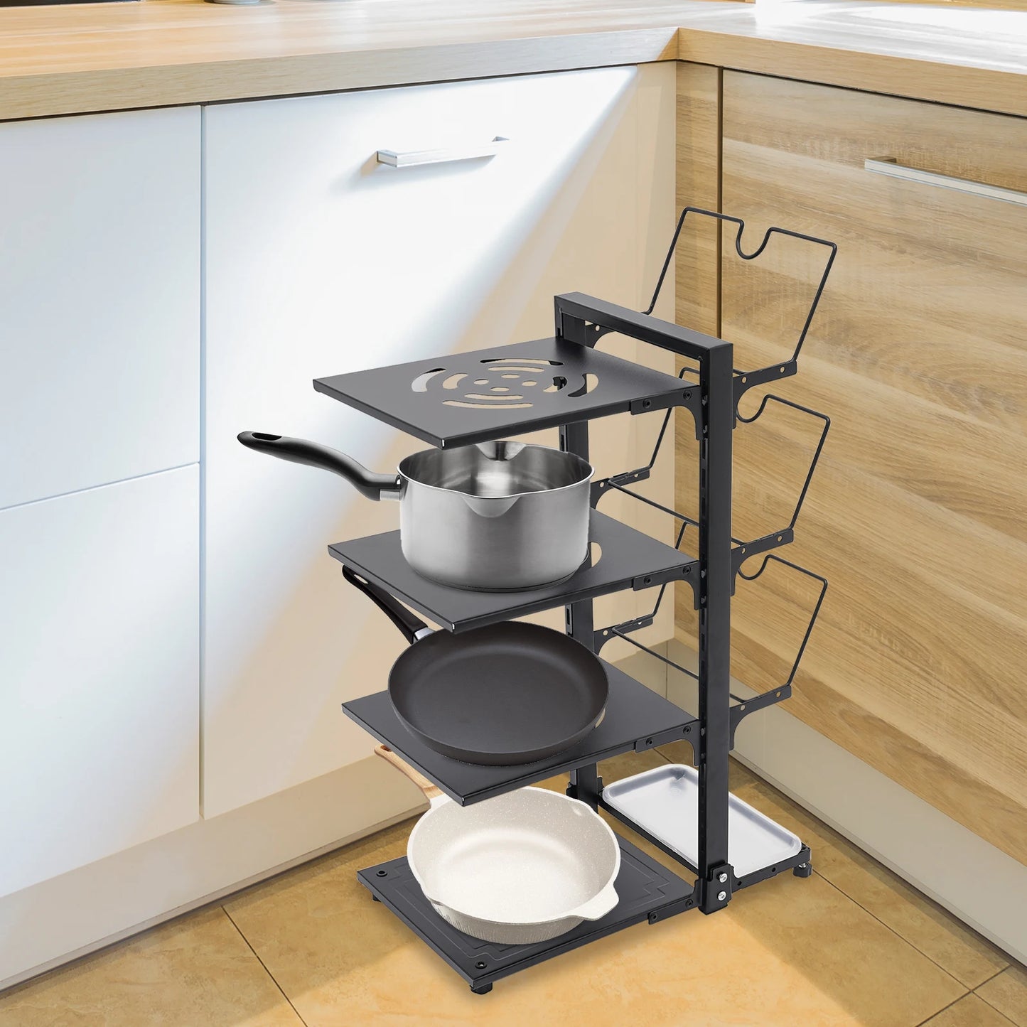 4-Tier Pot Organizer 22.05lbs per Tier Carbon Steel Pot Pan Lid Organizer 14.578.920.87in Kitchen Storage Grey/Black Adjustable