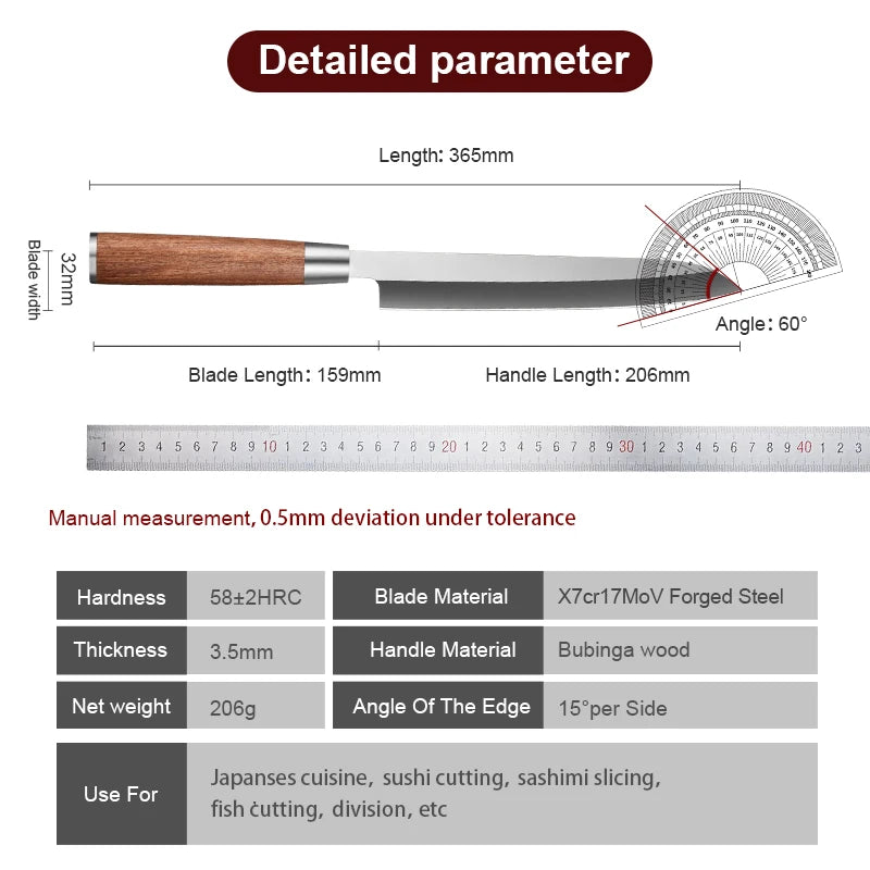sashimi knife 8 inch  Knife Japanese X7Cr17MoV  Sushi Chef Knives Fish Fillet Slicing Salmon Knife Bubinga Wood Handle