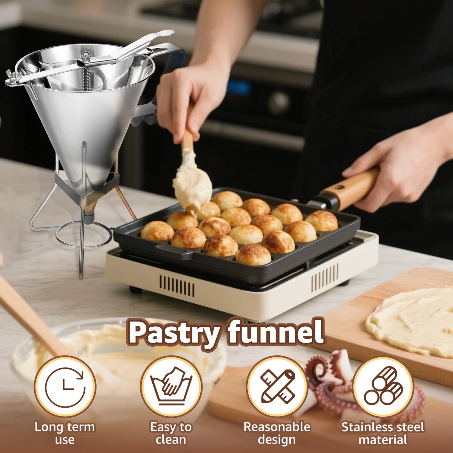 Stainless Steel Funnel Dispenser Octopus Balls Batter Baker Cooking Tool with Rack Cupcake Pancake Batter Maker Kitchen Tools