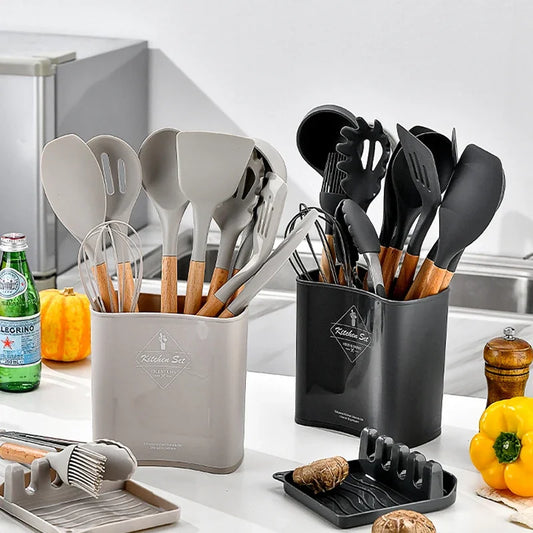 13Pcs Silicone Cooking Utensils Kitchenware Non-stick Cookware Spatula Egg Beaters Shovel Wooden Handle Kitchen Tool Accessories