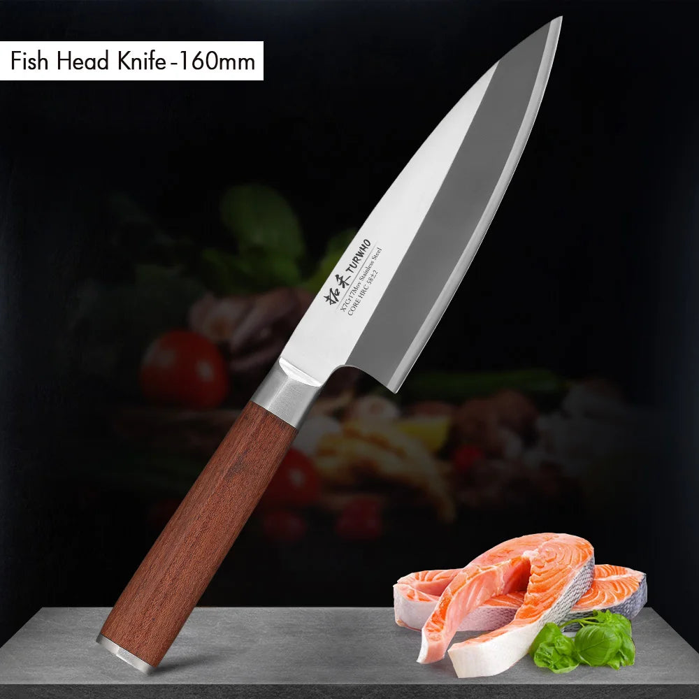 TURWHO Kitchen Knives Yanagiba Fish Head Cleaver Chef Knives Japanese Sashimi Knife Deba Salmon Sushi Filleting Kitchen Tools