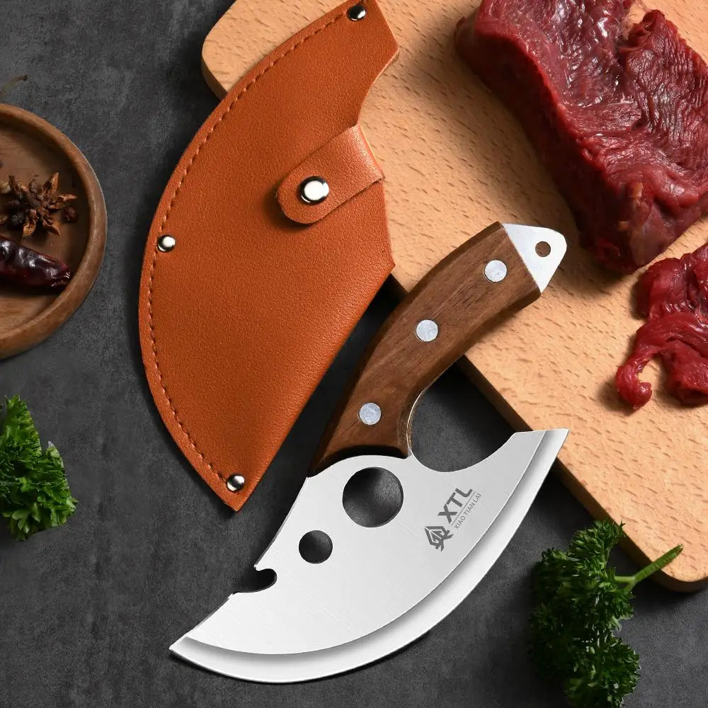 Compact Polished Stainless Steel Kitchen Knife – 5.7-Inch Blade, Thickened Design, Solid Wood Handle, Protective Sheath Included