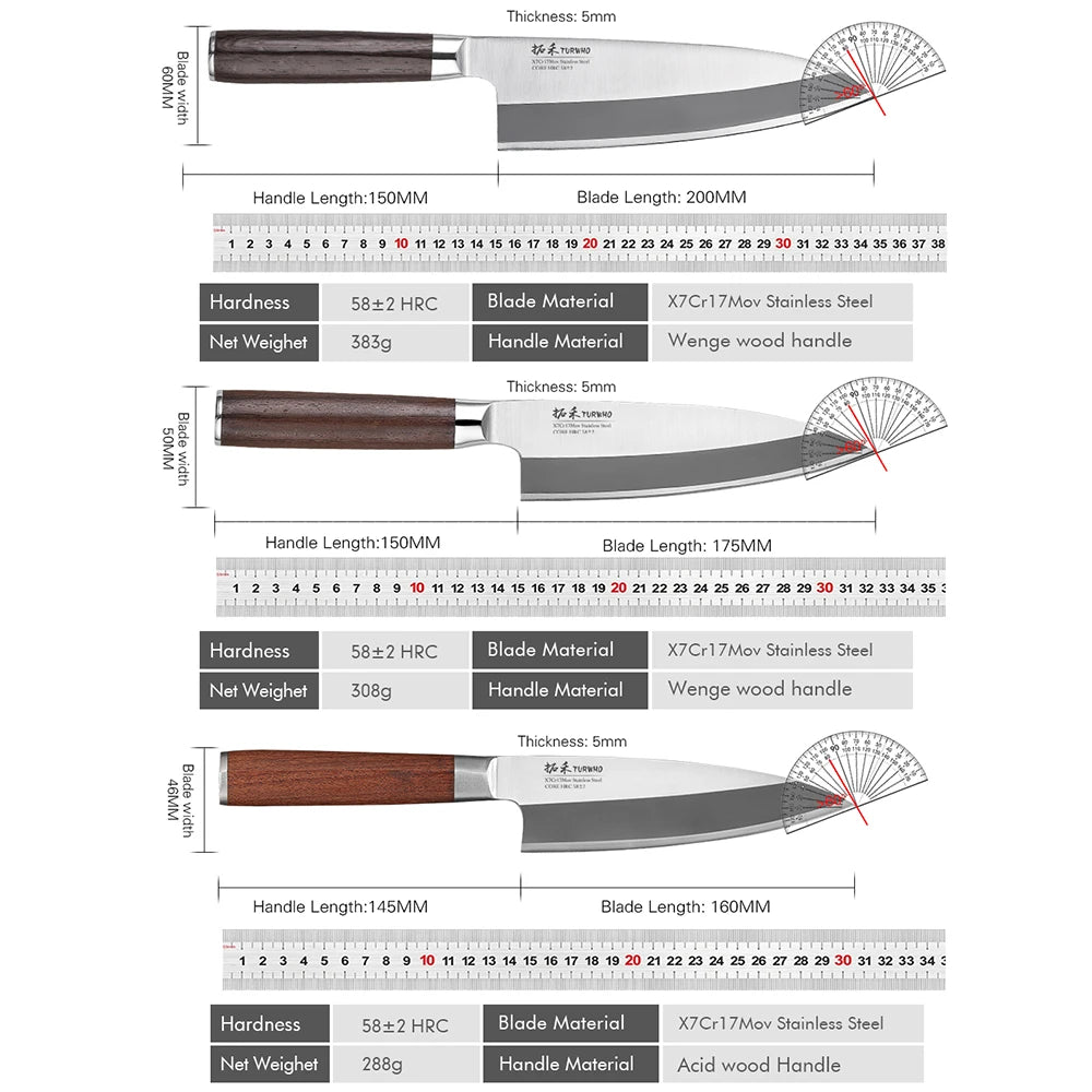 TURWHO Kitchen Knives Yanagiba Fish Head Cleaver Chef Knives Japanese Sashimi Knife Deba Salmon Sushi Filleting Kitchen Tools