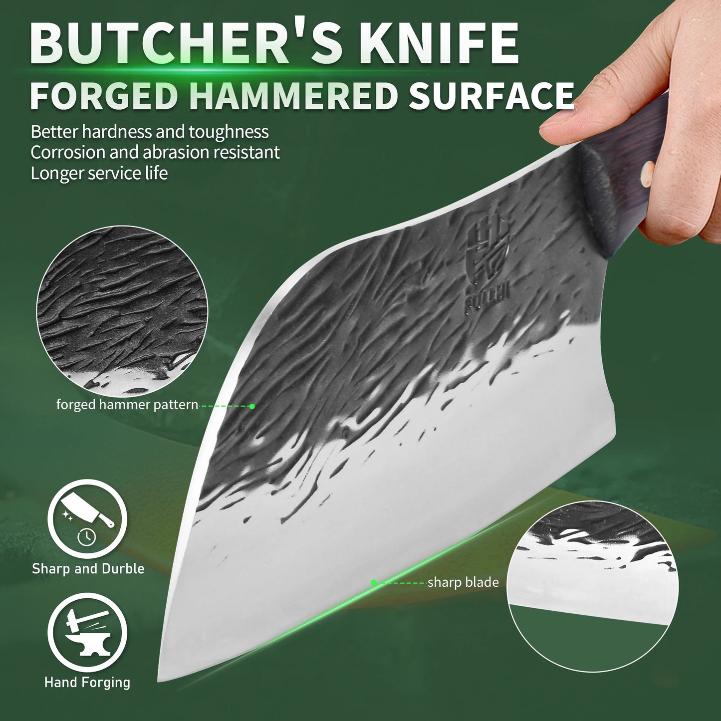 Full Tang Meat Cleaver with Forged High Carbon Steel Blade, Ergonomic Multi-color Handle Kitchen Knfie with Sheath for Cooking