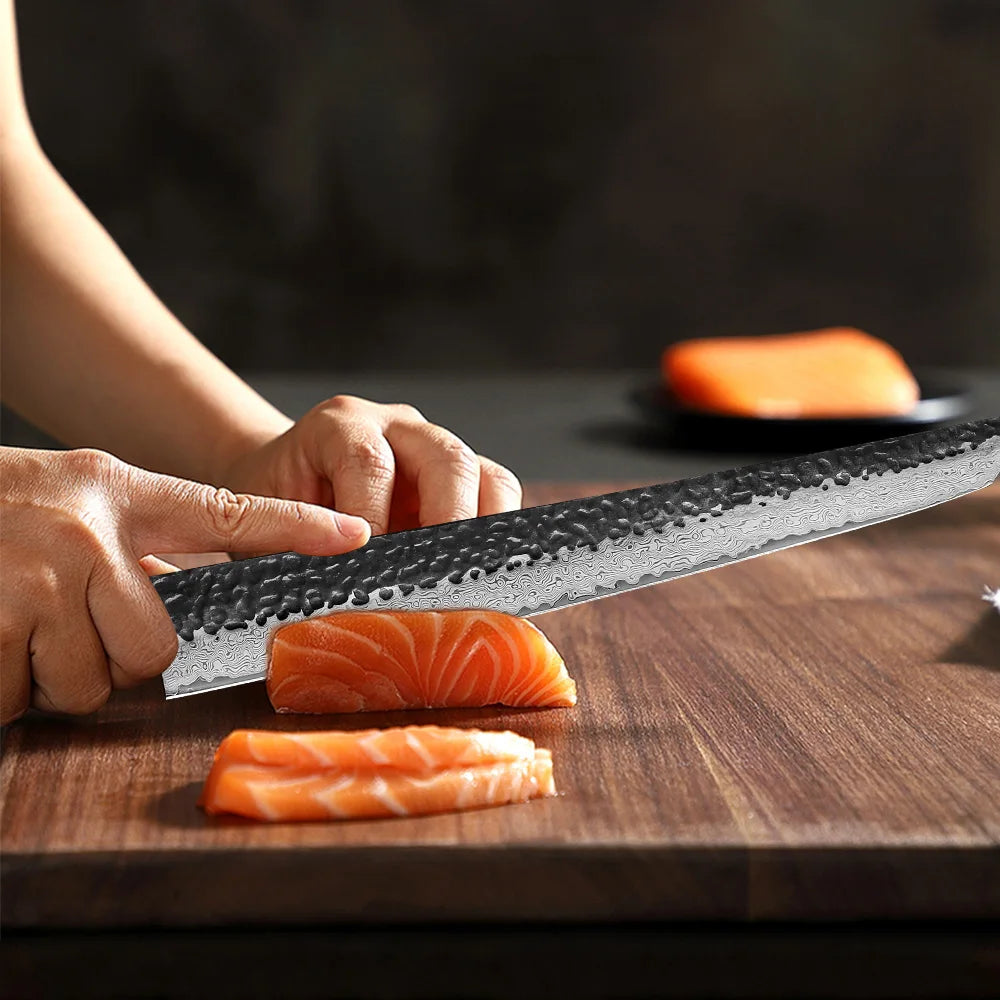 TURWHO Fish Fillet Sushi Knife Hand Forged Damascus Steel Japanese Sashimi Kitchen Chef Knife Slicing Knife Salmon Sushi Knife