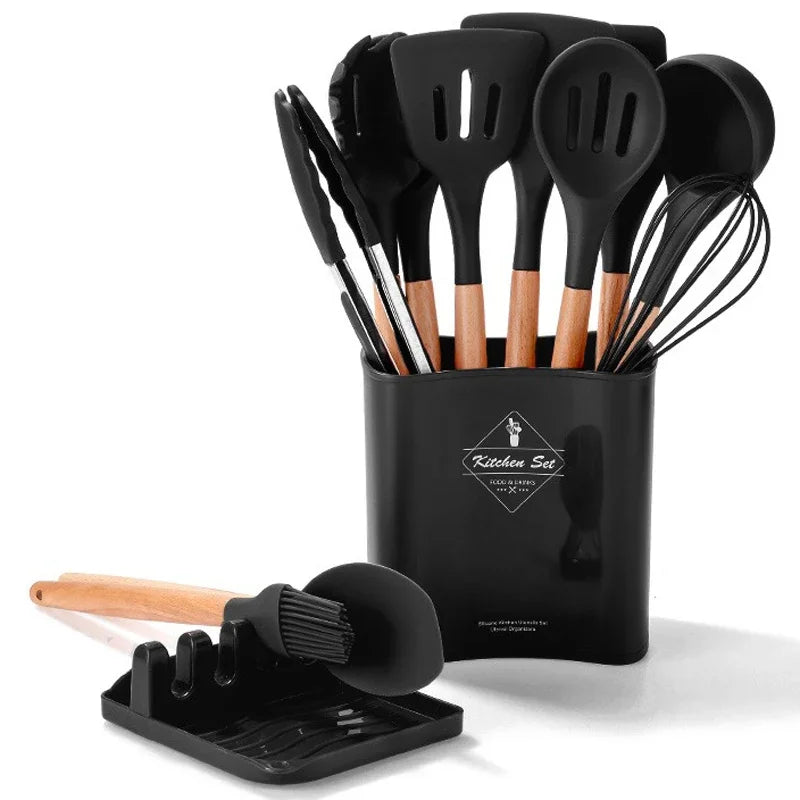 13Pcs Silicone Cooking Utensils Kitchenware Non-stick Cookware Spatula Egg Beaters Shovel Wooden Handle Kitchen Tool Accessories