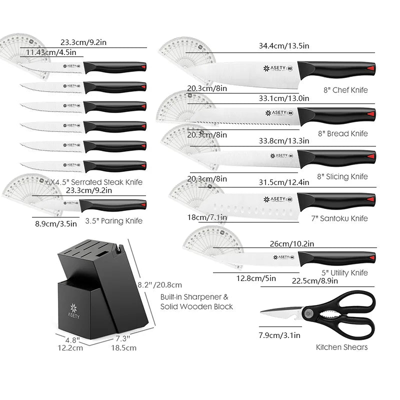 15 PCS Kitchen knife Set with Bulti-in Sharpener Block - Stainless Steel Knife Block Set - Dishwasher Safe Knives Sets