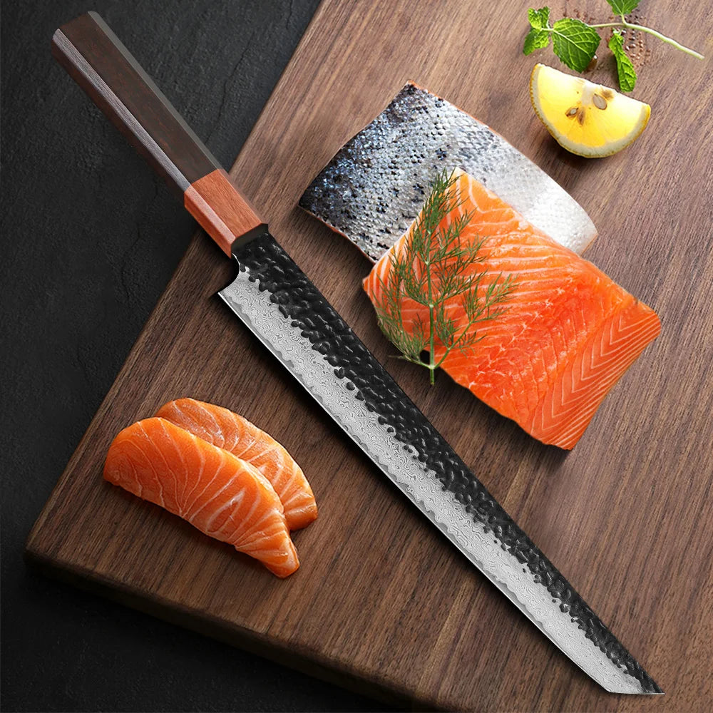 TURWHO Fish Fillet Sushi Knife Hand Forged Damascus Steel Japanese Sashimi Kitchen Chef Knife Slicing Knife Salmon Sushi Knife