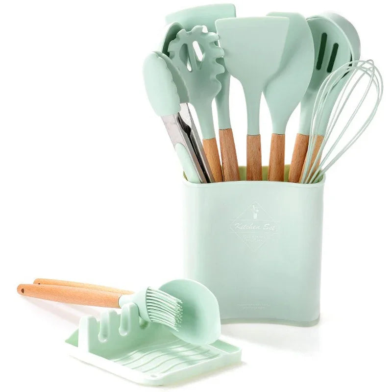 13Pcs Silicone Cooking Utensils Kitchenware Non-stick Cookware Spatula Egg Beaters Shovel Wooden Handle Kitchen Tool Accessories