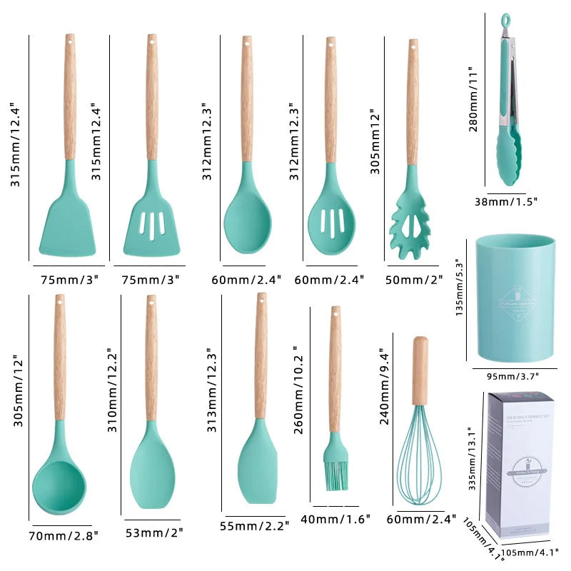 Silicone Kitchenware with Wooden Handle12Multifunctional Cooking Spoon Spatula Soup Spoon Nordic Kitchen Utensil Set with Storag