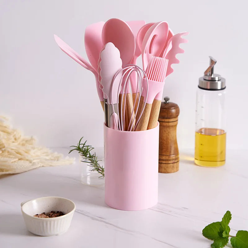 Silicone Kitchenware with Wooden Handle12Multifunctional Cooking Spoon Spatula Soup Spoon Nordic Kitchen Utensil Set with Storag