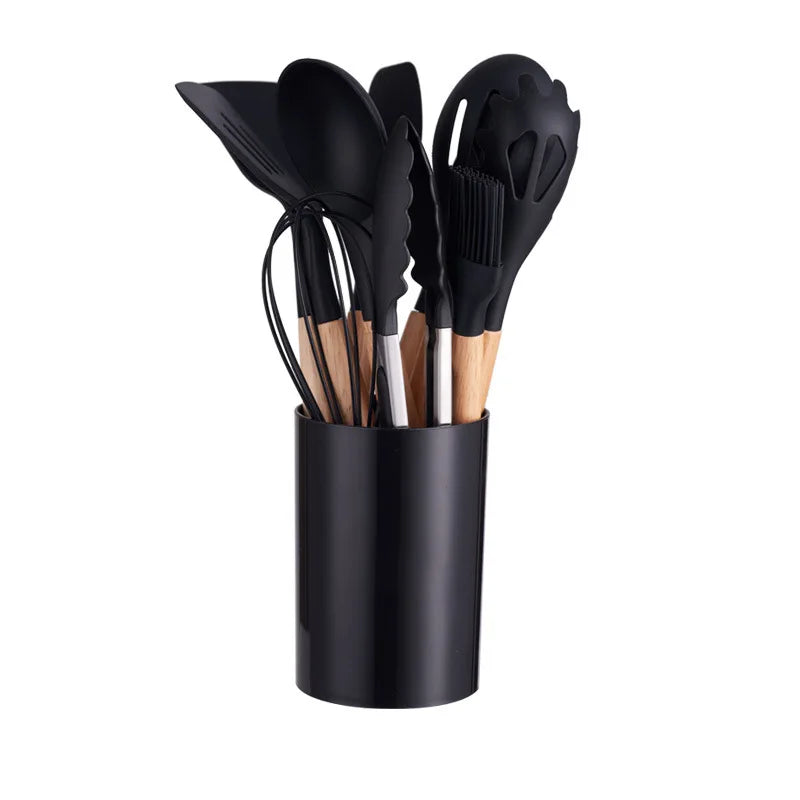 Silicone Kitchenware with Wooden Handle12Multifunctional Cooking Spoon Spatula Soup Spoon Nordic Kitchen Utensil Set with Storag