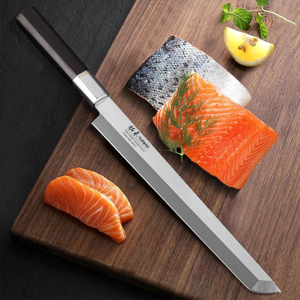 TURWHO 270mm Filleting Knife X9Cr18MoV High Carbon Steel Kitchen Knives Japanese Sashimi Sushi Salmon Knife with Ebony Handle