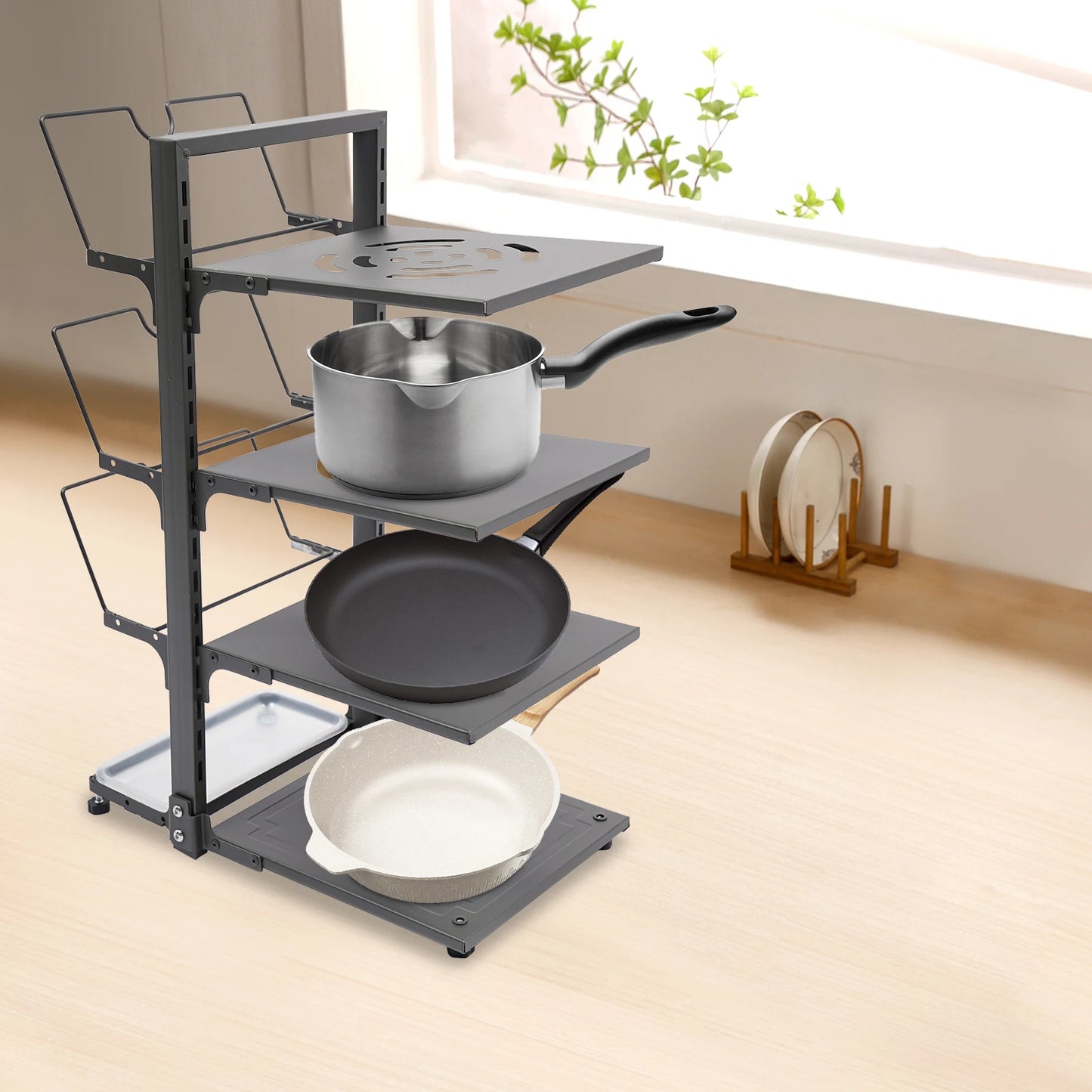 4-Tier Pot Organizer 22.05lbs per Tier Carbon Steel Pot Pan Lid Organizer 14.578.920.87in Kitchen Storage Grey/Black Adjustable