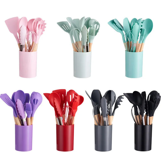 Silicone Kitchenware with Wooden Handle12Multifunctional Cooking Spoon Spatula Soup Spoon Nordic Kitchen Utensil Set with Storag