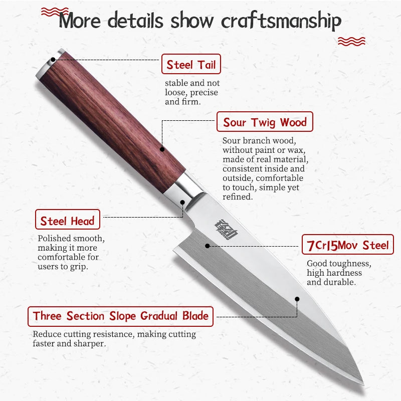 FINDKING Knife 6.5 inch Sushi Deba Kitchen Knife Japanese Sashimi Knife Sour Twig Wood Handle Fish Fillet Slicing Salmon Knife