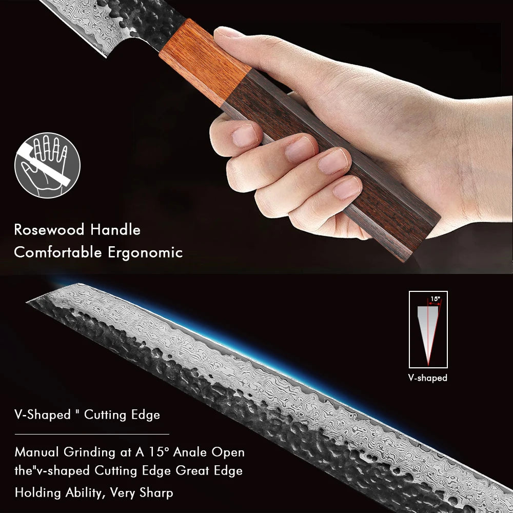 TURWHO Fish Fillet Sushi Knife Hand Forged Damascus Steel Japanese Sashimi Kitchen Chef Knife Slicing Knife Salmon Sushi Knife