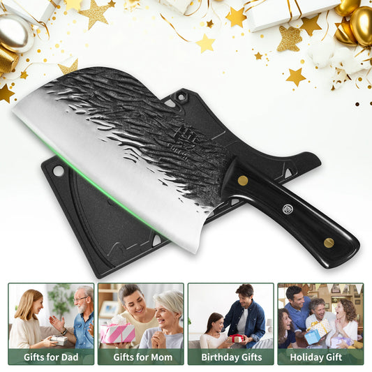 Full Tang Meat Cleaver with Forged High Carbon Steel Blade, Ergonomic Multi-color Handle Kitchen Knfie with Sheath for Cooking