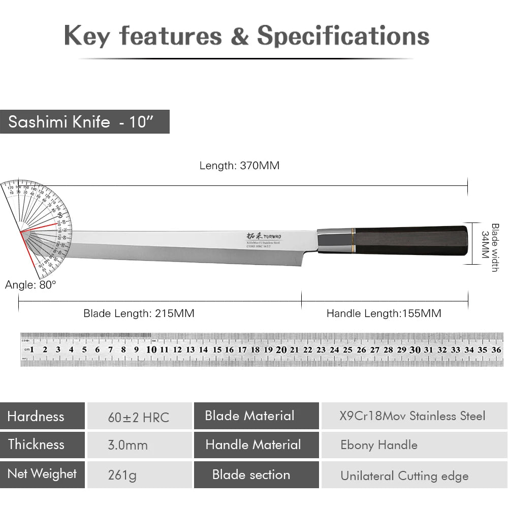 TURWHO 270mm Filleting Knife X9Cr18MoV High Carbon Steel Kitchen Knives Japanese Sashimi Sushi Salmon Knife with Ebony Handle