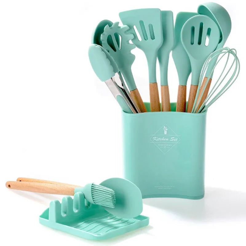 13Pcs Silicone Cooking Utensils Kitchenware Non-stick Cookware Spatula Egg Beaters Shovel Wooden Handle Kitchen Tool Accessories