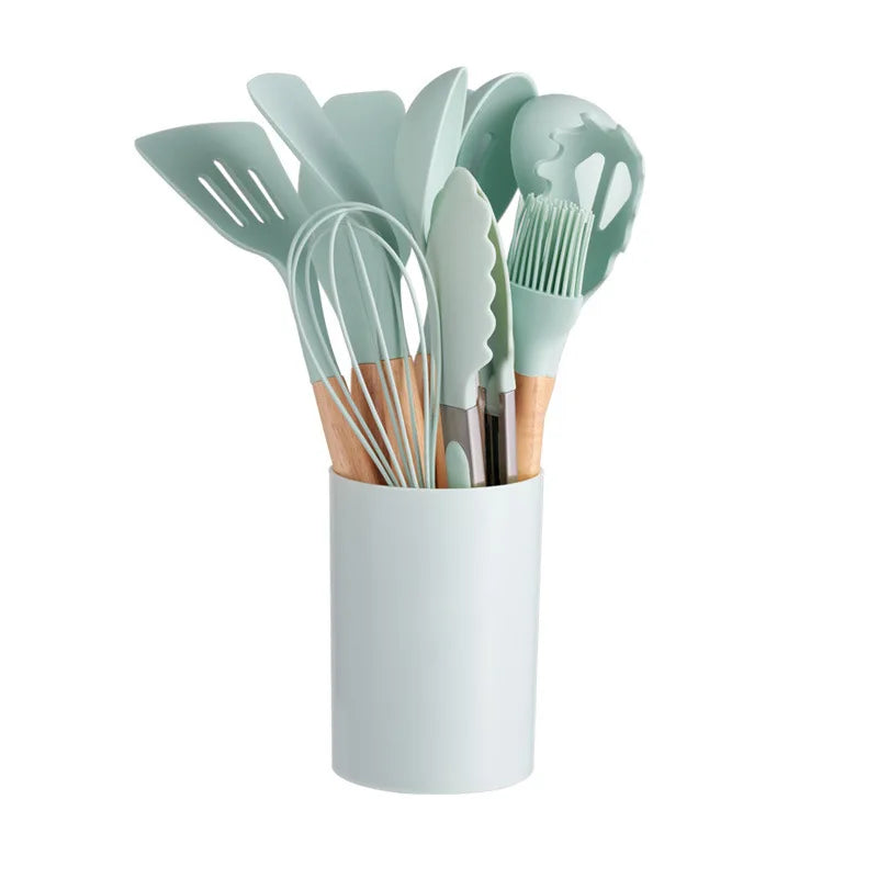 Silicone Kitchenware with Wooden Handle12Multifunctional Cooking Spoon Spatula Soup Spoon Nordic Kitchen Utensil Set with Storag