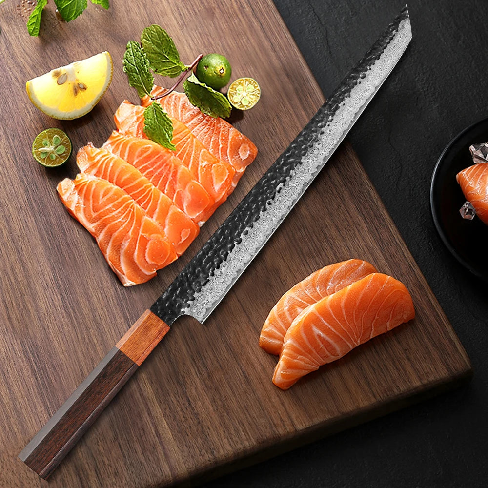 TURWHO Fish Fillet Sushi Knife Hand Forged Damascus Steel Japanese Sashimi Kitchen Chef Knife Slicing Knife Salmon Sushi Knife