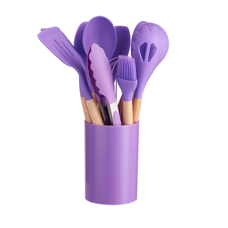 Silicone Kitchenware with Wooden Handle12Multifunctional Cooking Spoon Spatula Soup Spoon Nordic Kitchen Utensil Set with Storag