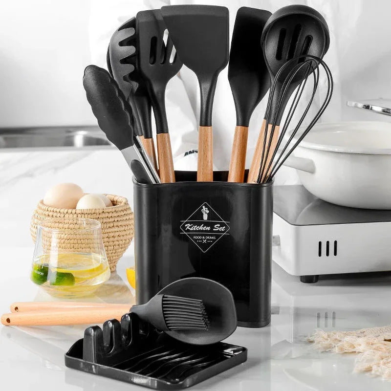 13Pcs Silicone Cooking Utensils Kitchenware Non-stick Cookware Spatula Egg Beaters Shovel Wooden Handle Kitchen Tool Accessories