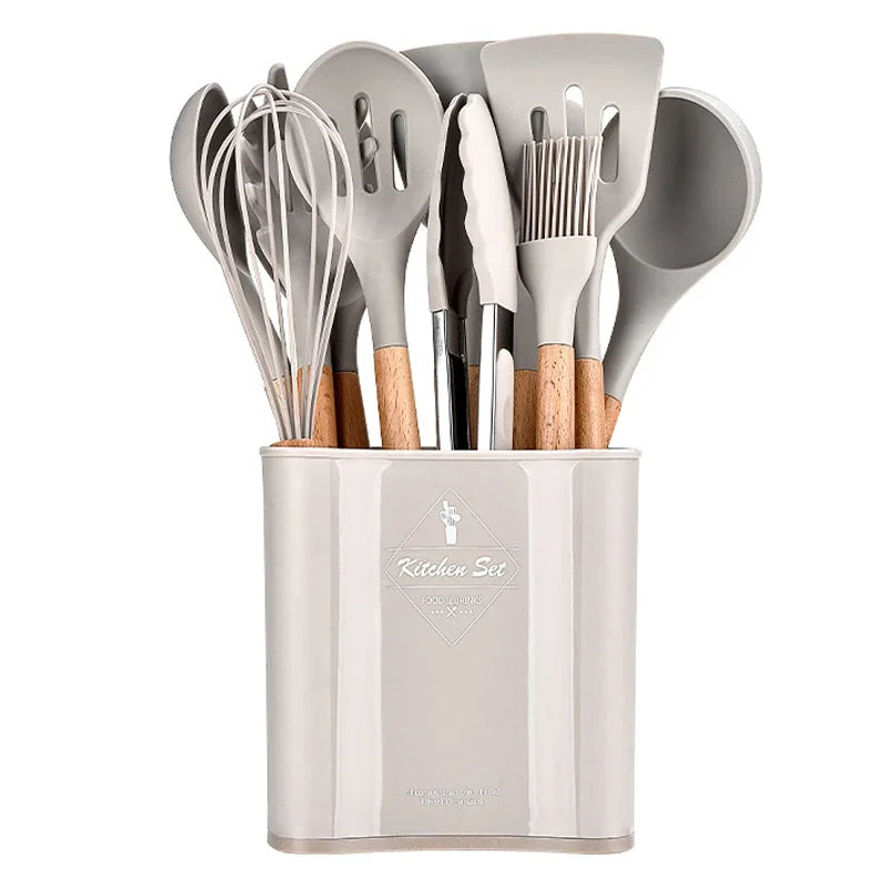 13Pcs Silicone Cooking Utensils Kitchenware Non-stick Cookware Spatula Egg Beaters Shovel Wooden Handle Kitchen Tool Accessories