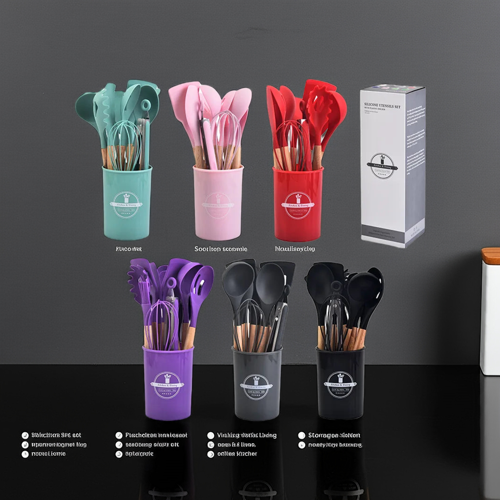 12Pcs Silicone Kitchen Utensils Cooking Wooden Handle Non Stick Pot Kitchenware Set Storage Bucket Silicone Kitchen Utensils