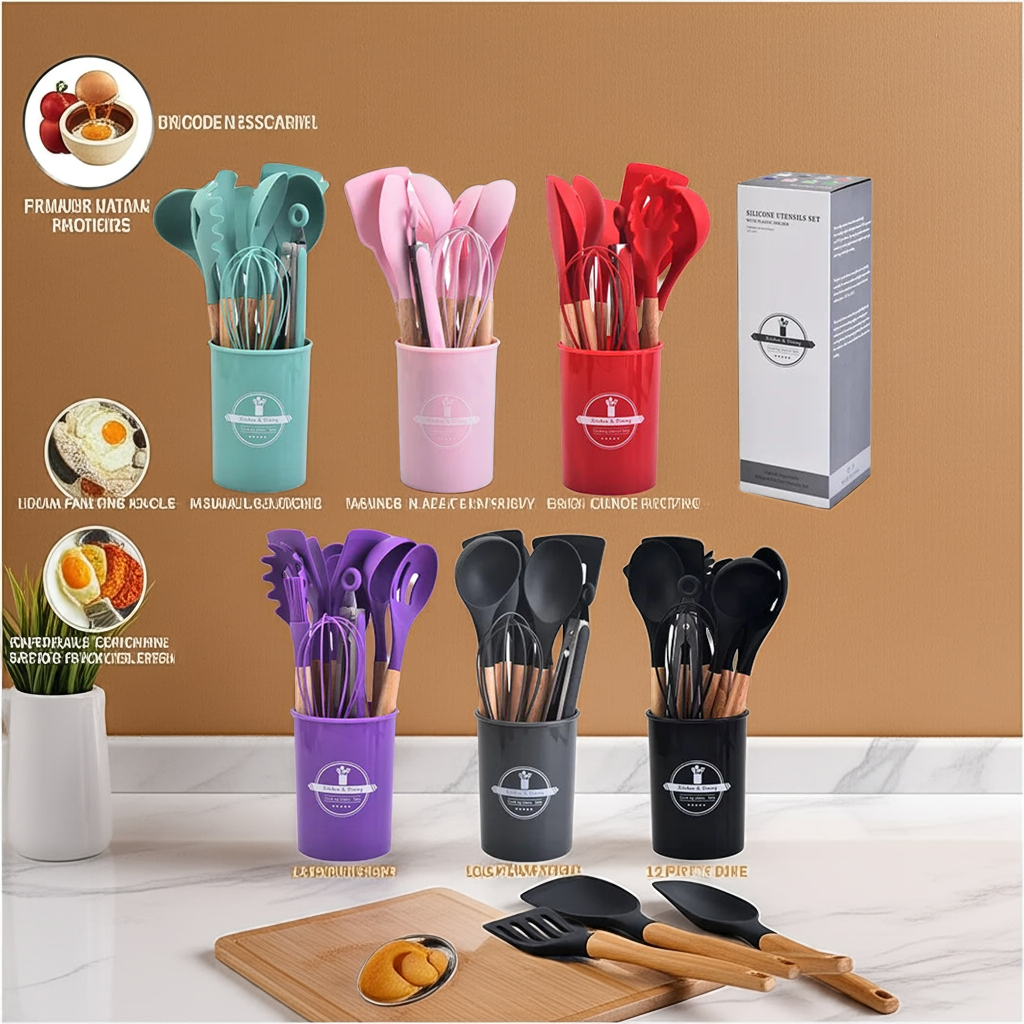 12Pcs Silicone Kitchen Utensils Cooking Wooden Handle Non Stick Pot Kitchenware Set Storage Bucket Silicone Kitchen Utensils