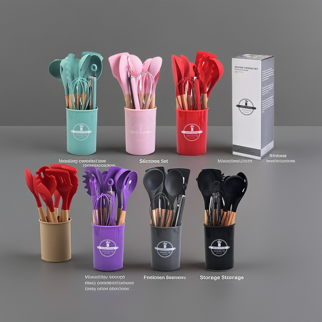 12Pcs Silicone Kitchen Utensils Cooking Wooden Handle Non Stick Pot Kitchenware Set Storage Bucket Silicone Kitchen Utensils